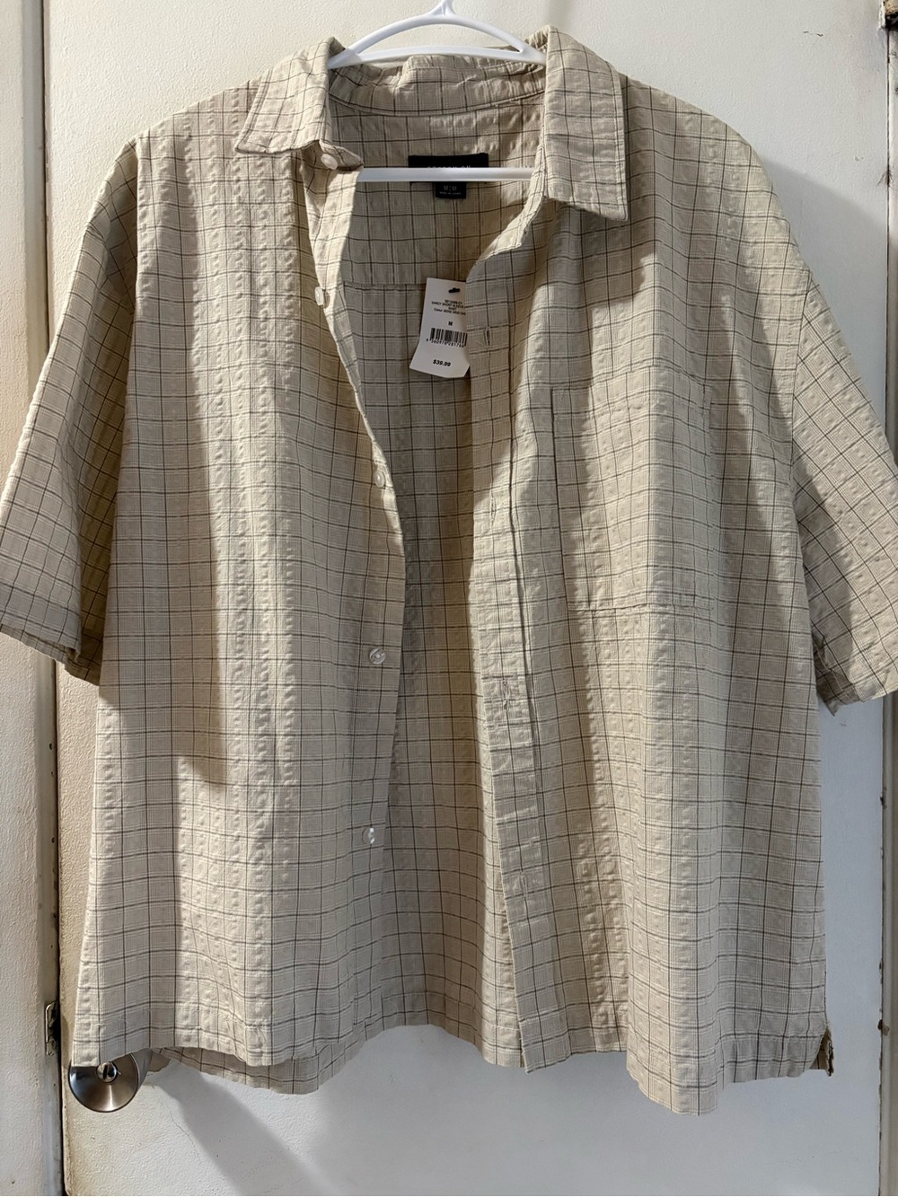 BNWT Cotton On Men's Short-Sleeve Check Button-Up - Beige Size Medium